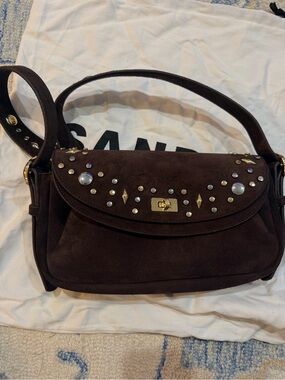 NWT SANDRO Brown Suede Studded Shoulder Bag